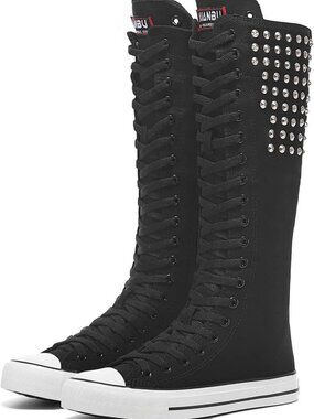 Chic Knee High Lace Up Sneakers with Side Zip - Stylish Canvas Mid Calf Boots